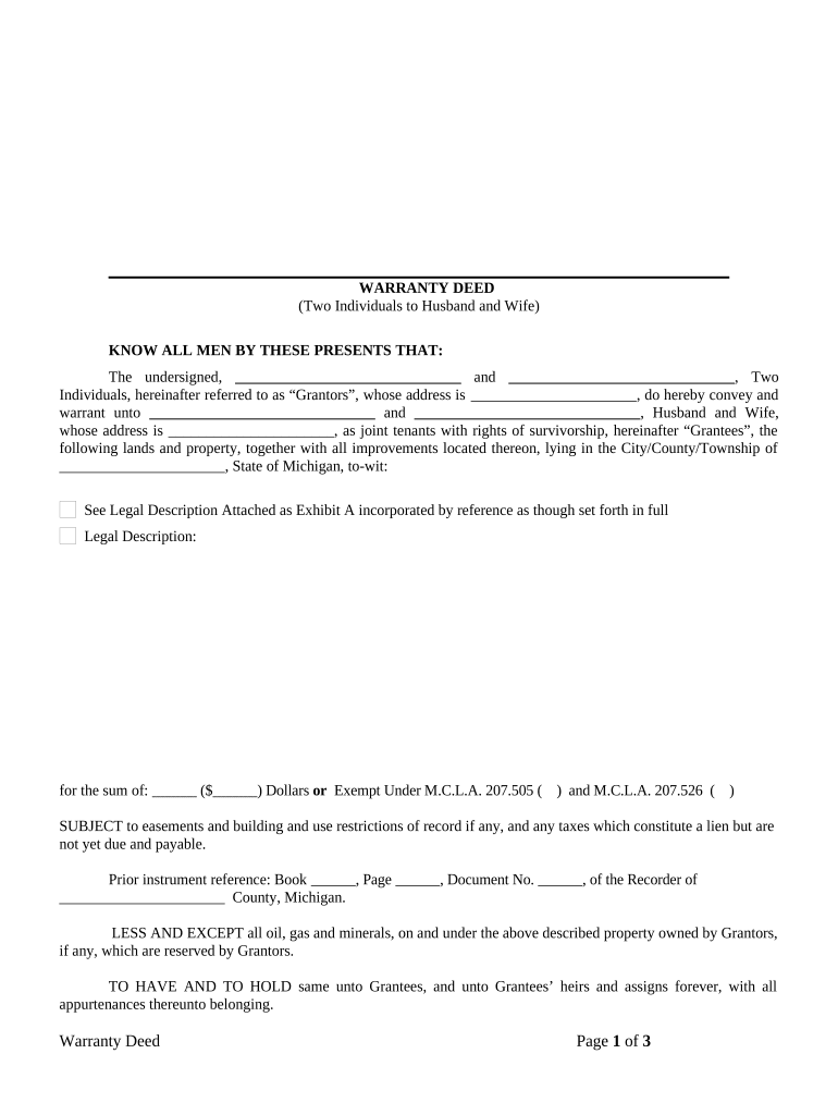 Warranty Deed from two Individuals to Husband and Wife - Michigan Preview on Page 1