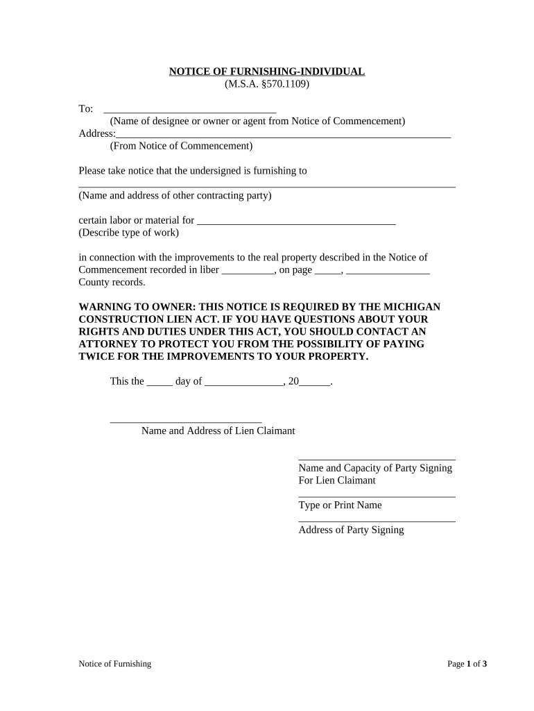 michigan notice of furnishing form Preview on Page 1.