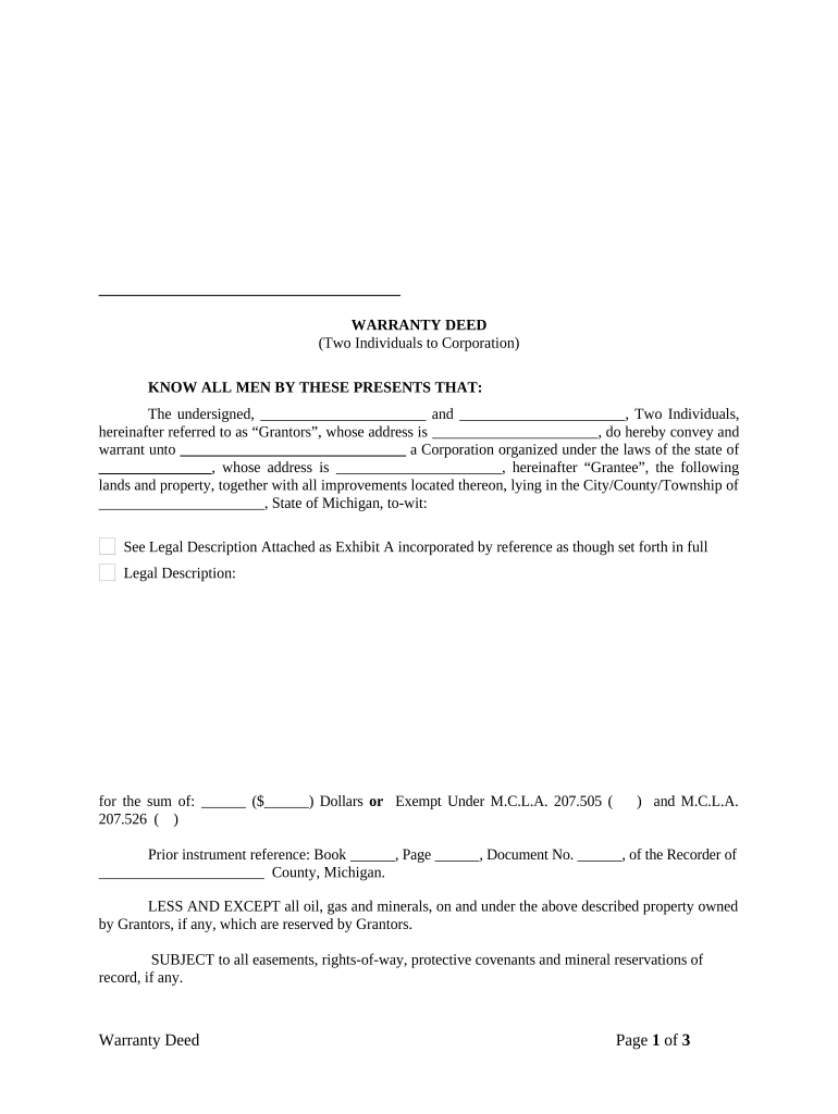 Warranty Deed from two Individuals to Corporation - Michigan Preview on Page 1