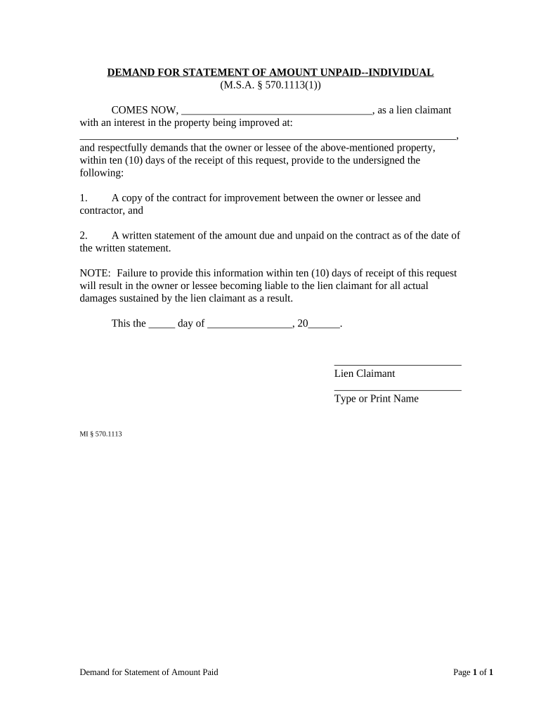 Demand for Statement of Amount Unpaid - Individual - Michigan Preview on Page 1