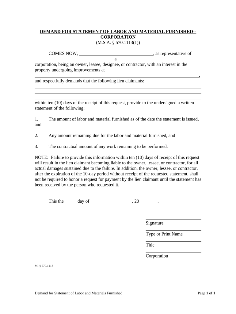 Demand for Statement of Labor and Material Furnished by Corporation or LLC - Michigan Preview on Page 1
