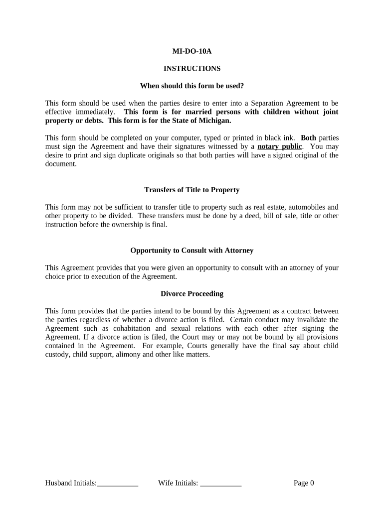 Marital Domestic Separation and Property Settlement Agreement Minor Children no Joint Property or Debts effective Immediately - Michigan Preview on Page 1