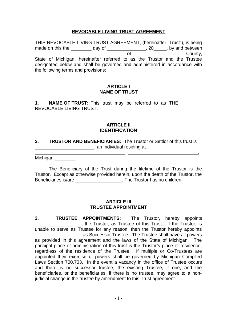 Living Trust for Individual Who is Single, Divorced or Widow (or Widower) with No Children - Michigan Preview on Page 1