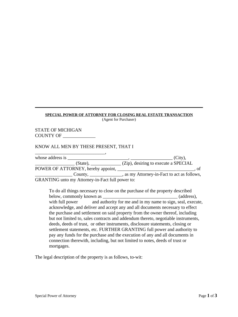 Special or Limited Power of Attorney for Real Estate Purchase Transaction by Purchaser - Michigan Preview on Page 1