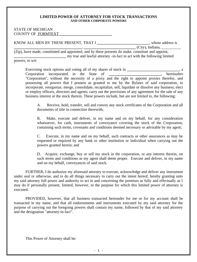 Limited Power of Attorney for Stock Transactions and Corporate Powers - Michigan Preview on Page 1