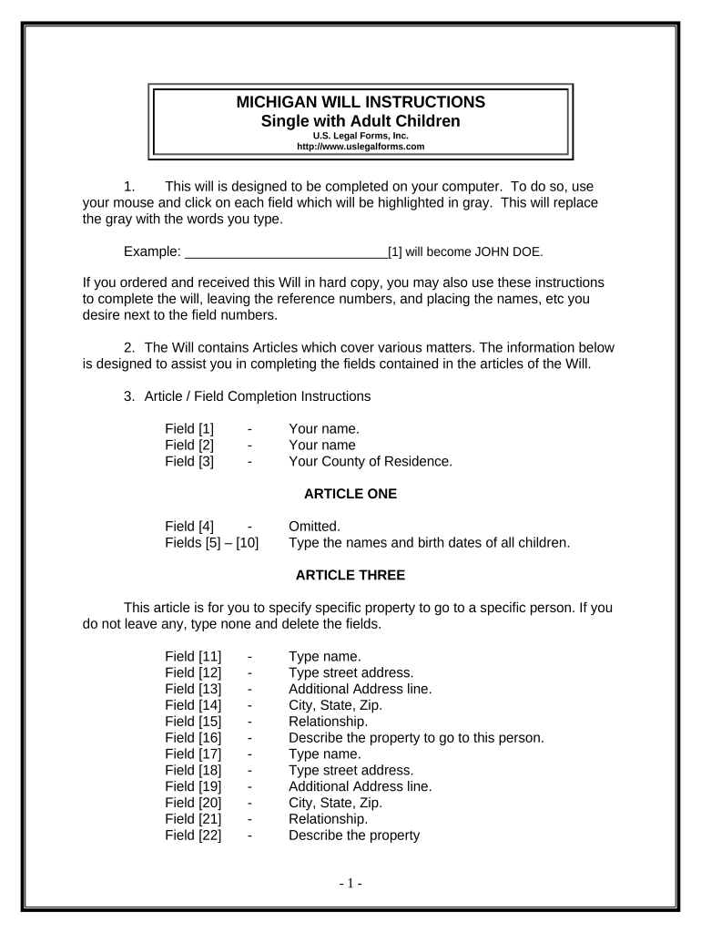 Legal Last Will and Testament Form for Single Person with Adult Children - Michigan Preview on Page 1.