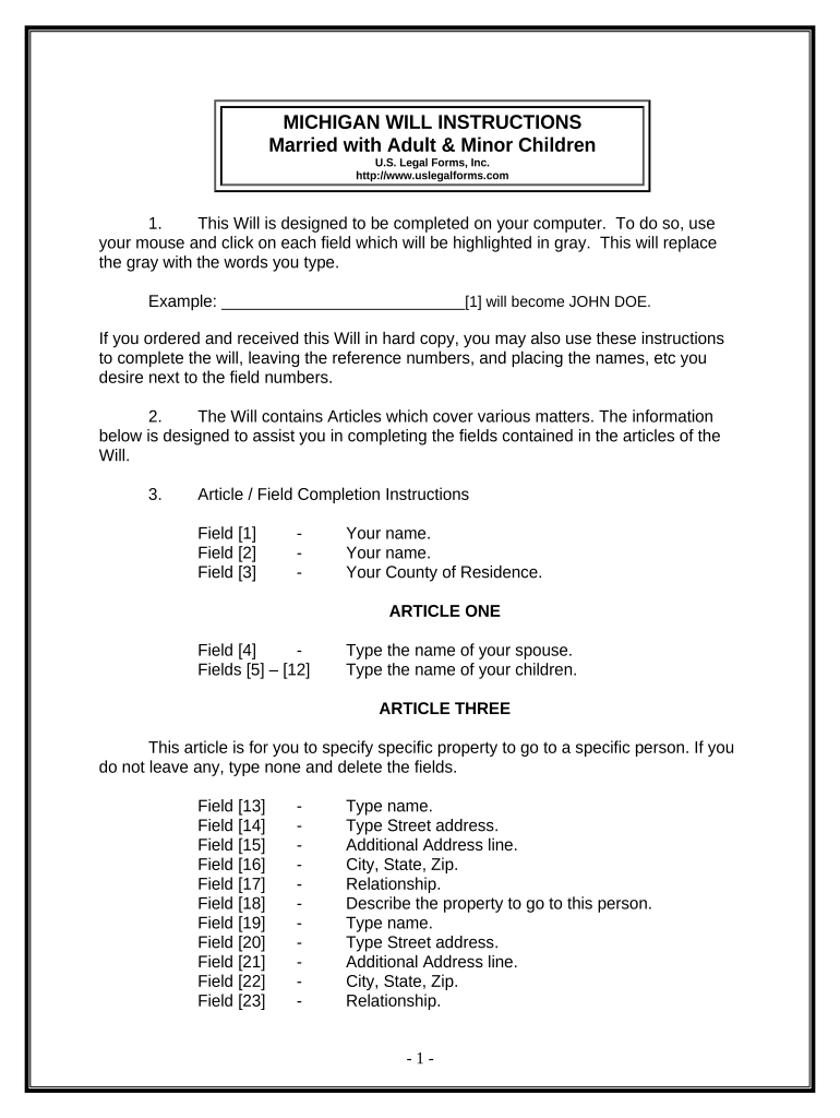 Legal Last Will and Testament Form for Married Person with Adult and Minor Children - Michigan Preview on Page 1.