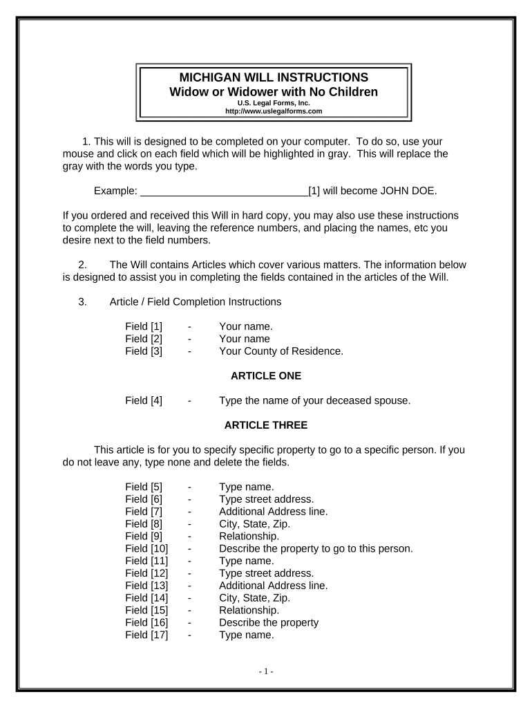 Legal Last Will Form for a Widow or Widower with no Children - Michigan Preview on Page 1