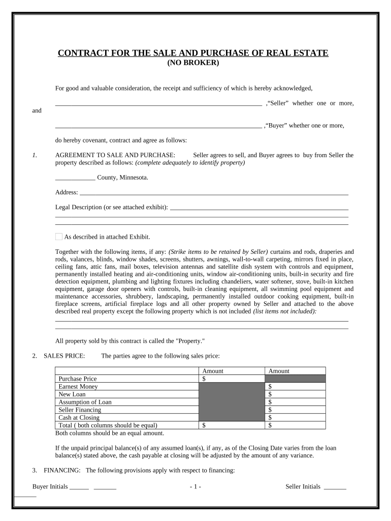 Contract for Sale and Purchase of Real Estate with No Broker for Residential Home Sale Agreement - Minnesota Preview on Page 1.