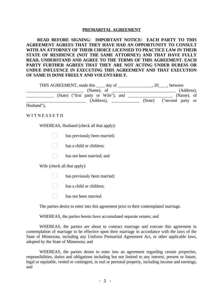 Minnesota Prenuptial Premarital Agreement with Financial Statements - Minnesota Preview on Page 1