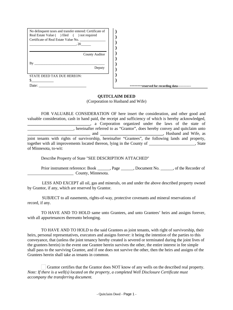 Quitclaim Deed from Corporation to Husband and Wife - Minnesota Preview on Page 1.