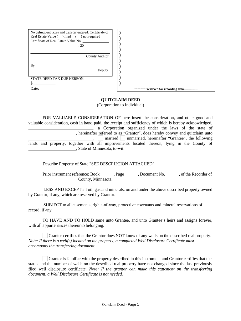 Quitclaim Deed from Corporation to Individual - Minnesota Preview on Page 1