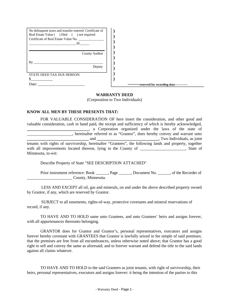 Warranty Deed from Corporation to Two Individuals - Minnesota Preview on Page 1