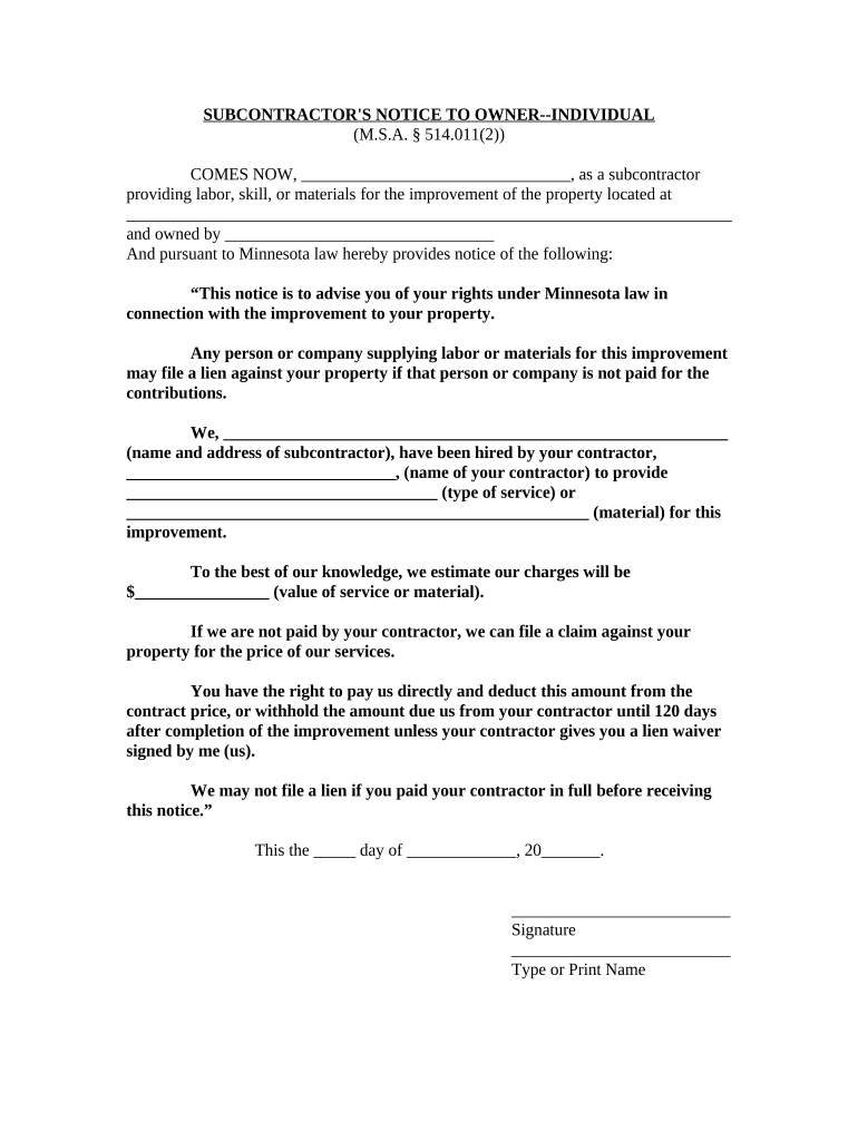 Subcontractor&#039;s Notice to Owner - Individual - Minnesota Preview on Page 1