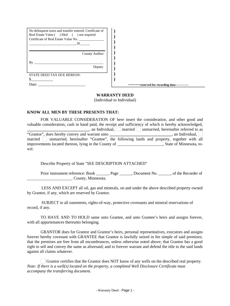 Warranty Deed from Individual to Individual - Minnesota Preview on Page 1