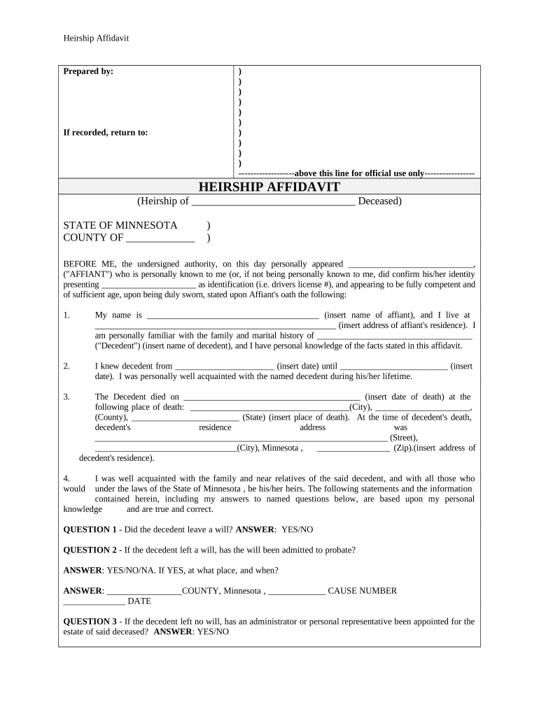 Heirship Affidavit - Descent - Minnesota Preview on Page 1