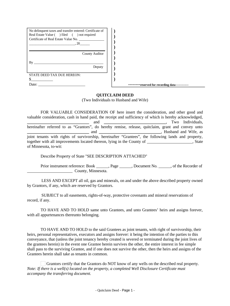 Quitclaim Deed by Two Individuals to Husband and Wife - Minnesota Preview on Page 1