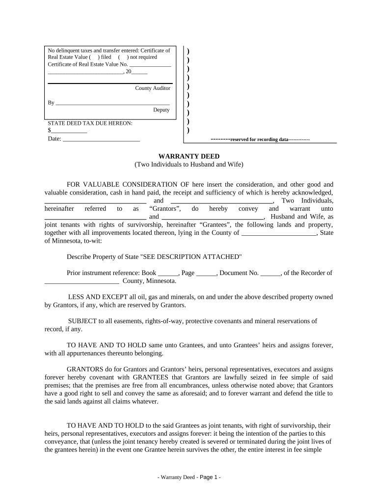 Warranty Deed from two Individuals to Husband and Wife - Minnesota Preview on Page 1