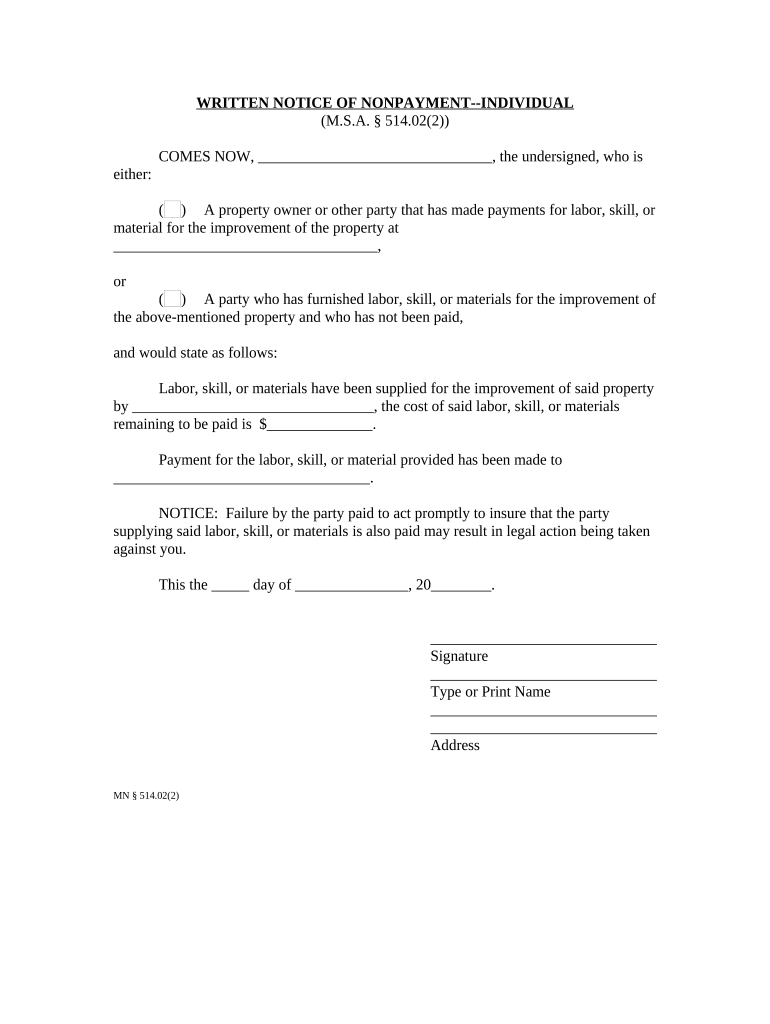 Written Notice of Nonpayment - Individual - Minnesota Preview on Page 1