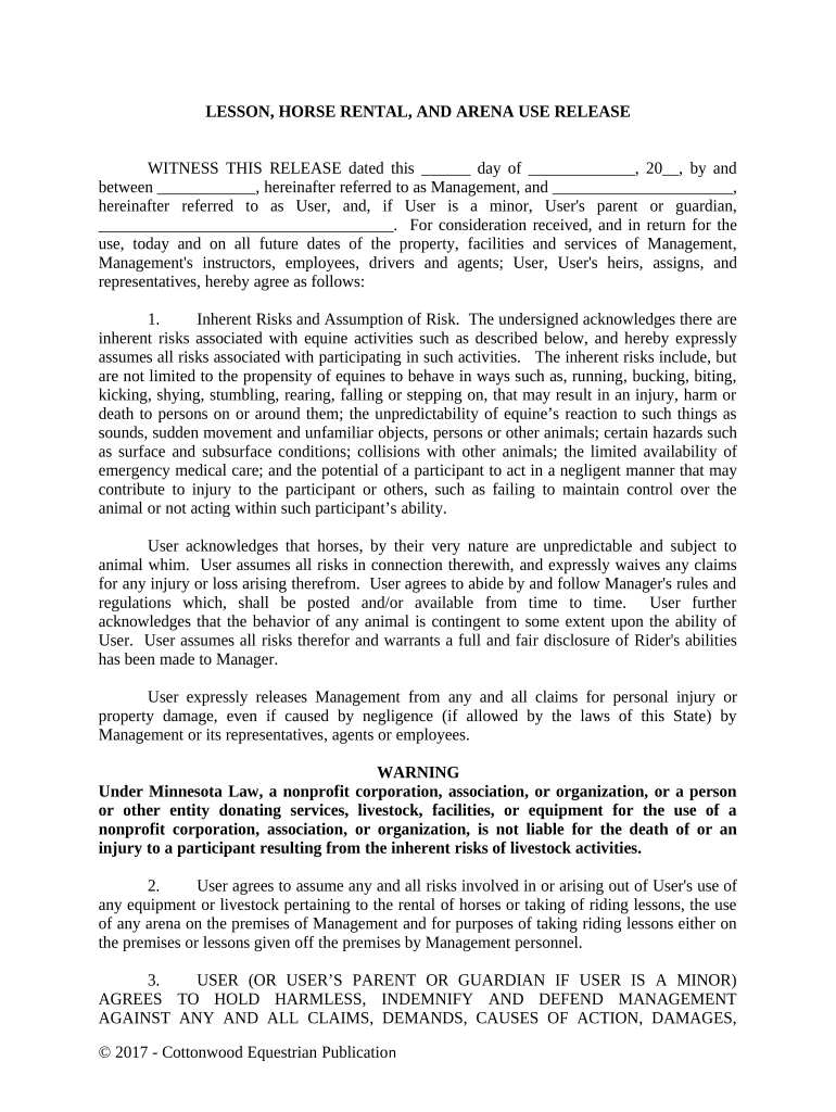 Lesson, Horse Rental or Lease, and Arena Use Release Horse Equine