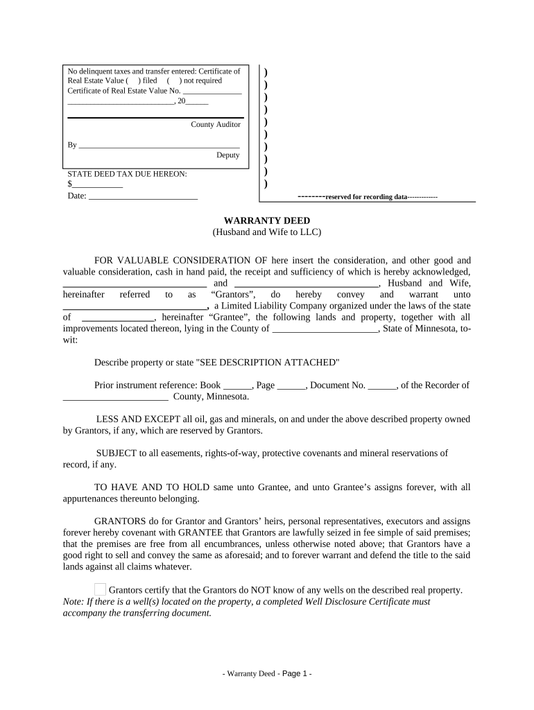 Warranty Deed from Husband and Wife to LLC - Minnesota Preview on Page 1