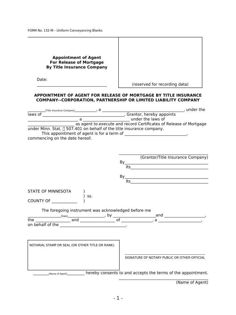 Appointment of Agent for Release of Mortgage - Minn. Stat. 507.401 - UCBC Form 20.7.5 - Minnesota Preview on Page 1