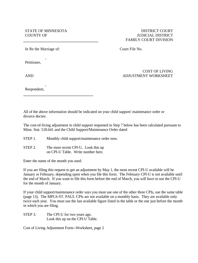 Instructions for Cost of Living Adjustment Worksheet - Minnesota Preview on Page 1