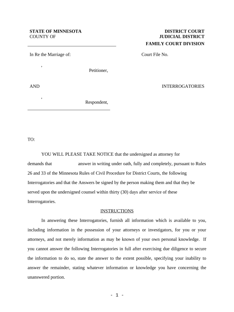 Discovery - Interrogatories and Requests for Production for Custody Matter - Minnesota Preview on Page 1