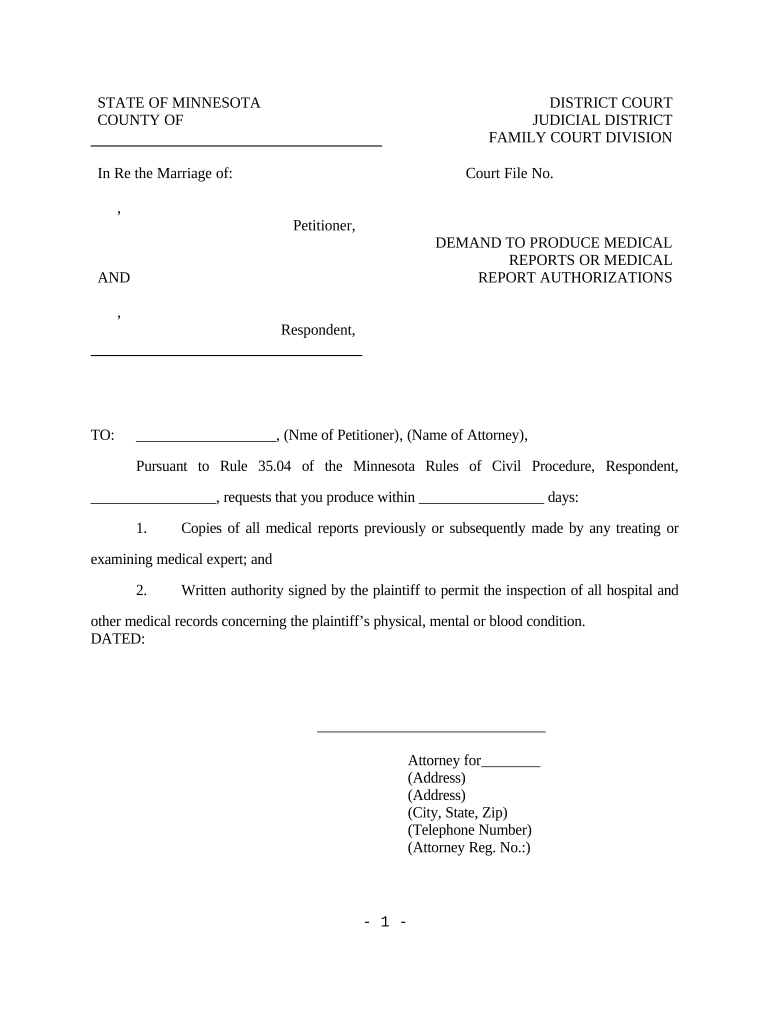 Demand To Produce Medical Reports or Medical Report Authorizations - Minnesota Preview on Page 1