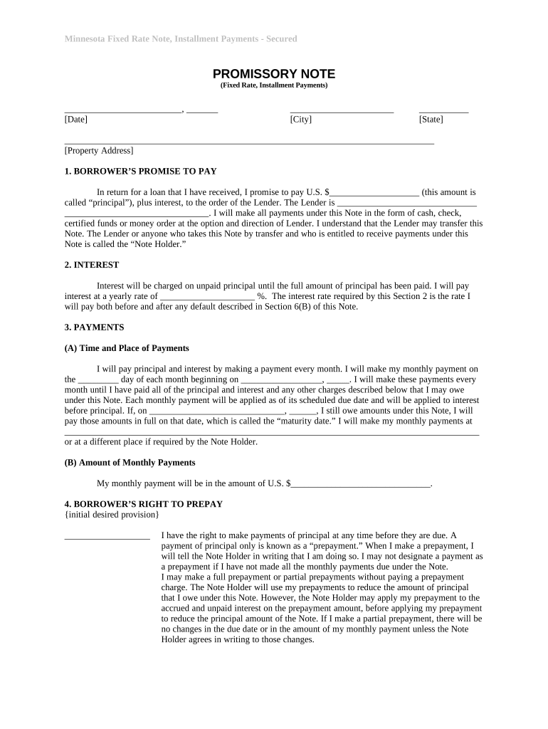 Minnesota Installments Fixed Rate Promissory Note Secured by Residential Real Estate - Minnesota Preview on Page 1.