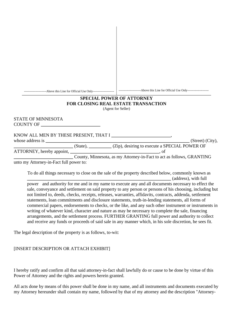 Special or Limited Power of Attorney for Real Estate Sales Transaction By Seller - Minnesota Preview on Page 1.