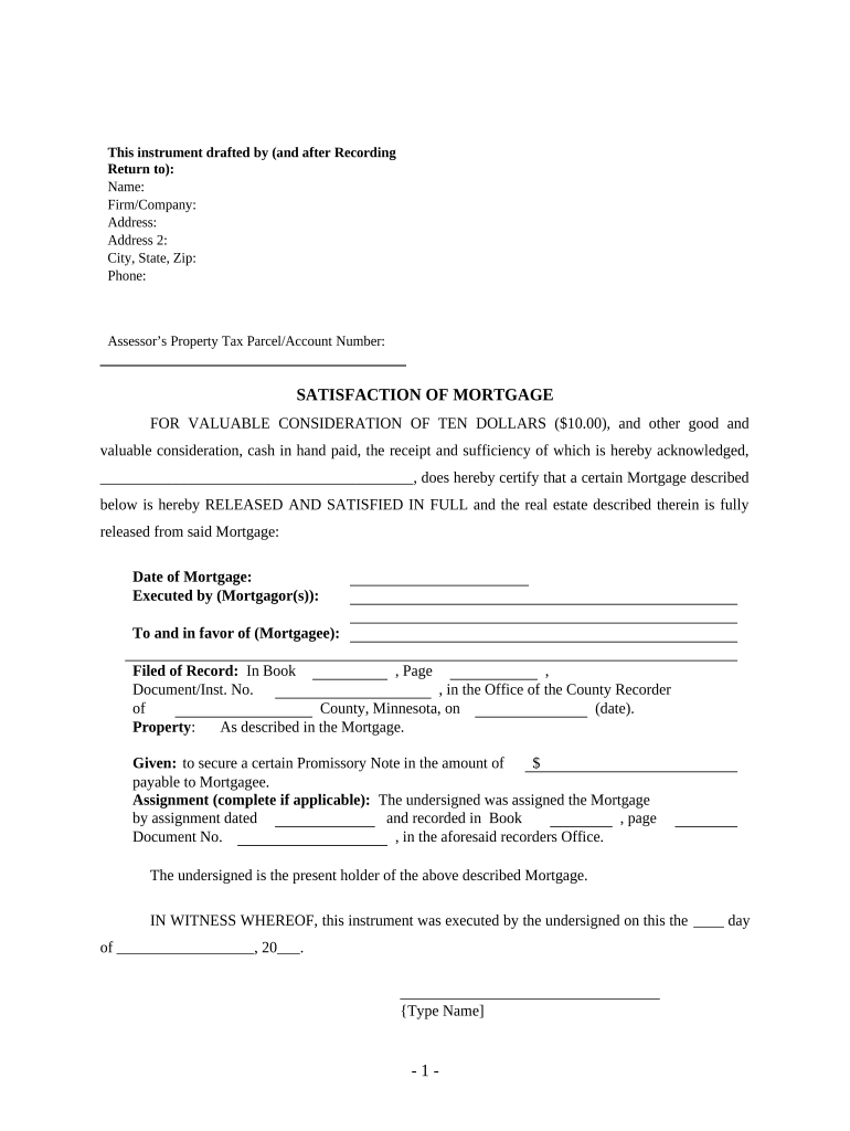 Satisfaction, Release or Cancellation of Mortgage by Individual - Minnesota Preview on Page 1.