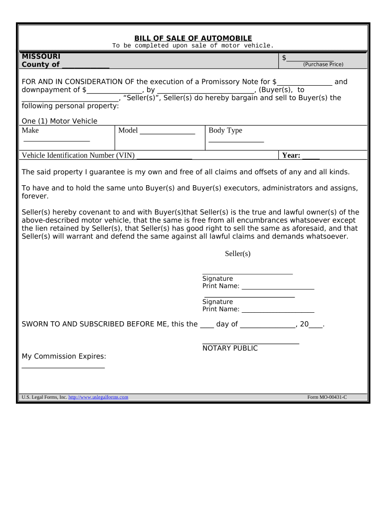 Bill of Sale for Automobile or Vehicle including Odometer Statement and Promissory Note - Missouri Preview on Page 1.