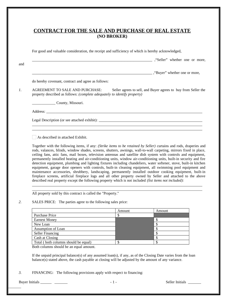 Contract for Sale and Purchase of Real Estate with No Broker for Residential Home Sale Agreement - Missouri Preview on Page 1