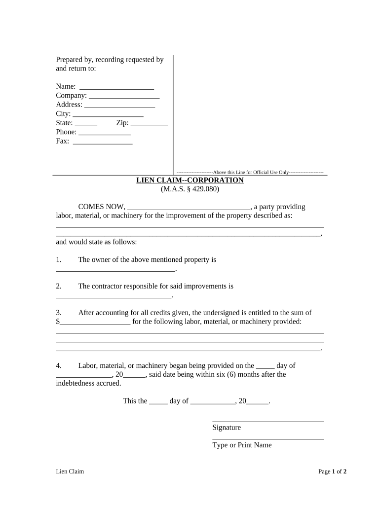 Lien Claim - Corporation or LLC - Missouri Preview on Page 1