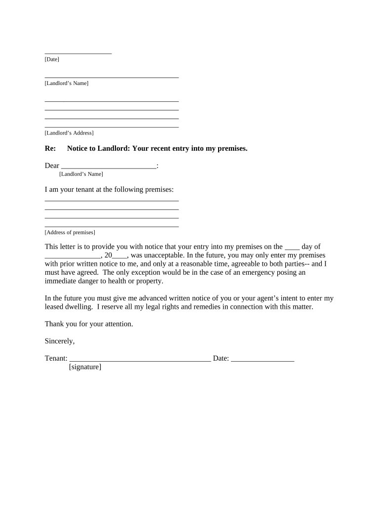 Letter from Tenant to Landlord about Illegal entry by landlord - Missouri Preview on Page 1