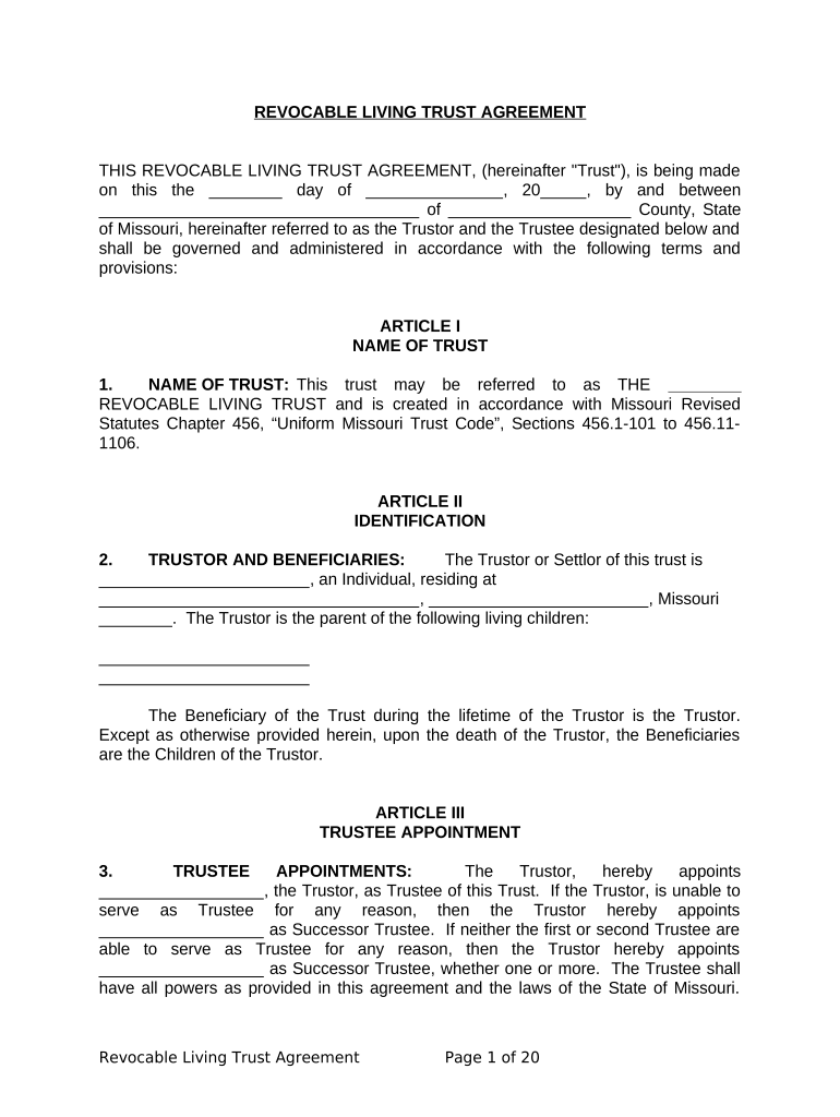 Living Trust for Individual Who is Single, Divorced or Widow (or Widower) with Children - Missouri Preview on Page 1