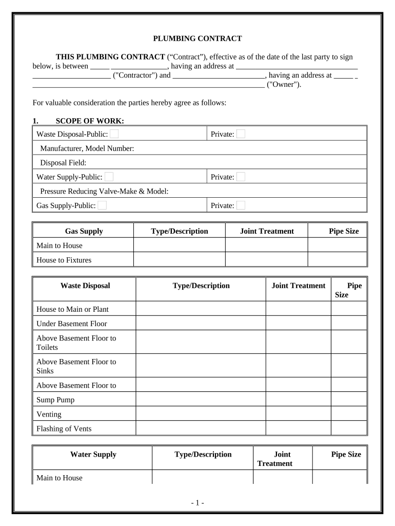 Plumbing Contract for Contractor - Mississippi Preview on Page 1.