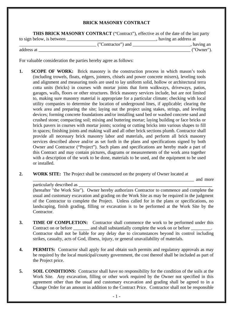 Brick Mason Contract for Contractor - Mississippi Preview on Page 1