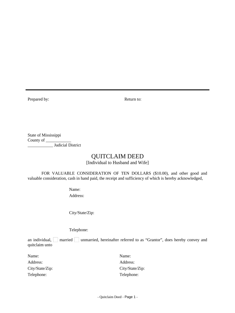 Quitclaim Deed from Individual to Husband and Wife - Mississippi Preview on Page 1