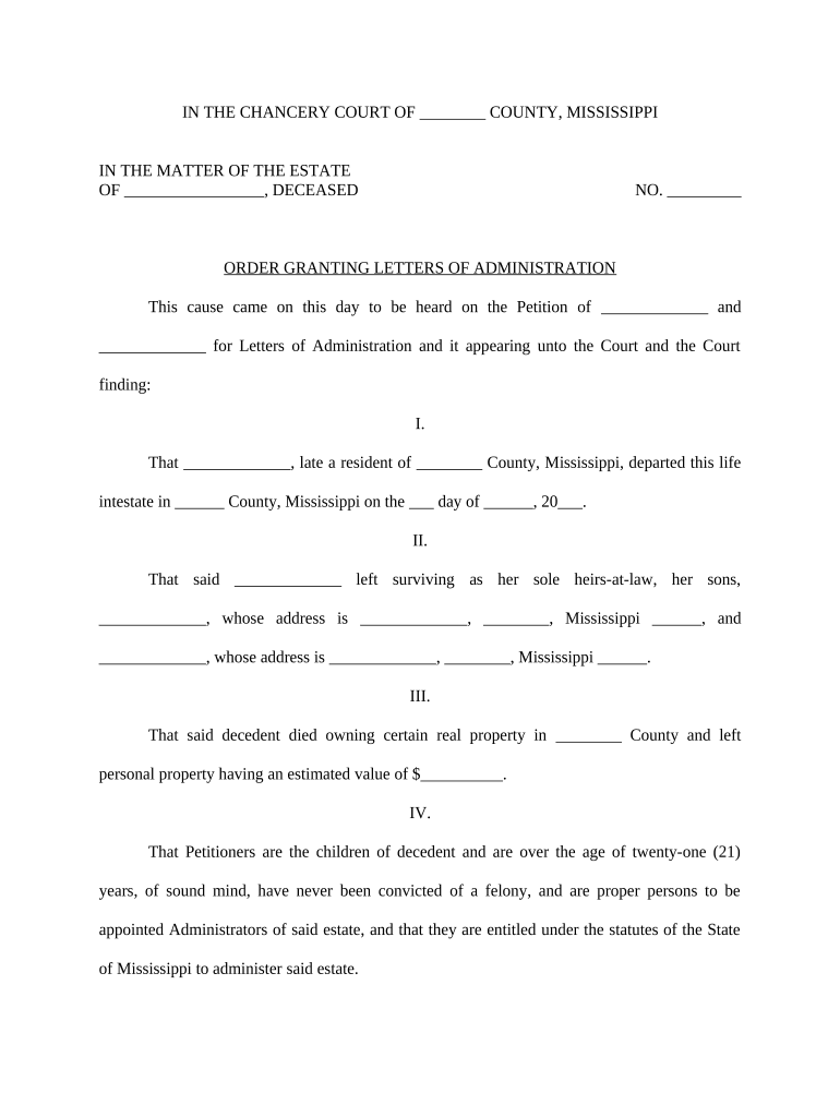 Order granting letters of administration - Mississippi Preview on Page 1