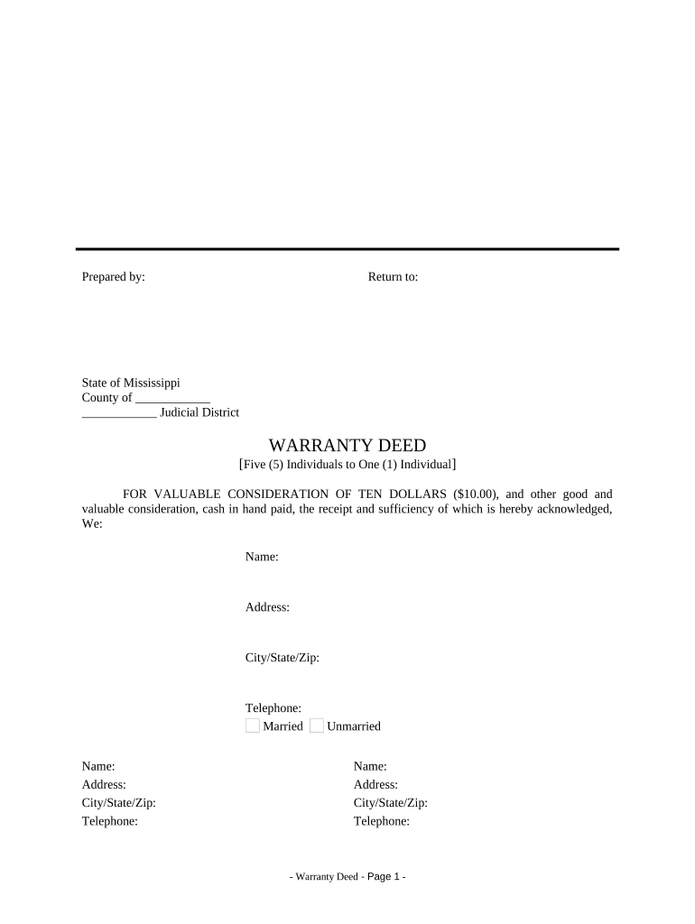 Warranty Deed - Five Individuals to One Individual - Mississippi Preview on Page 1.