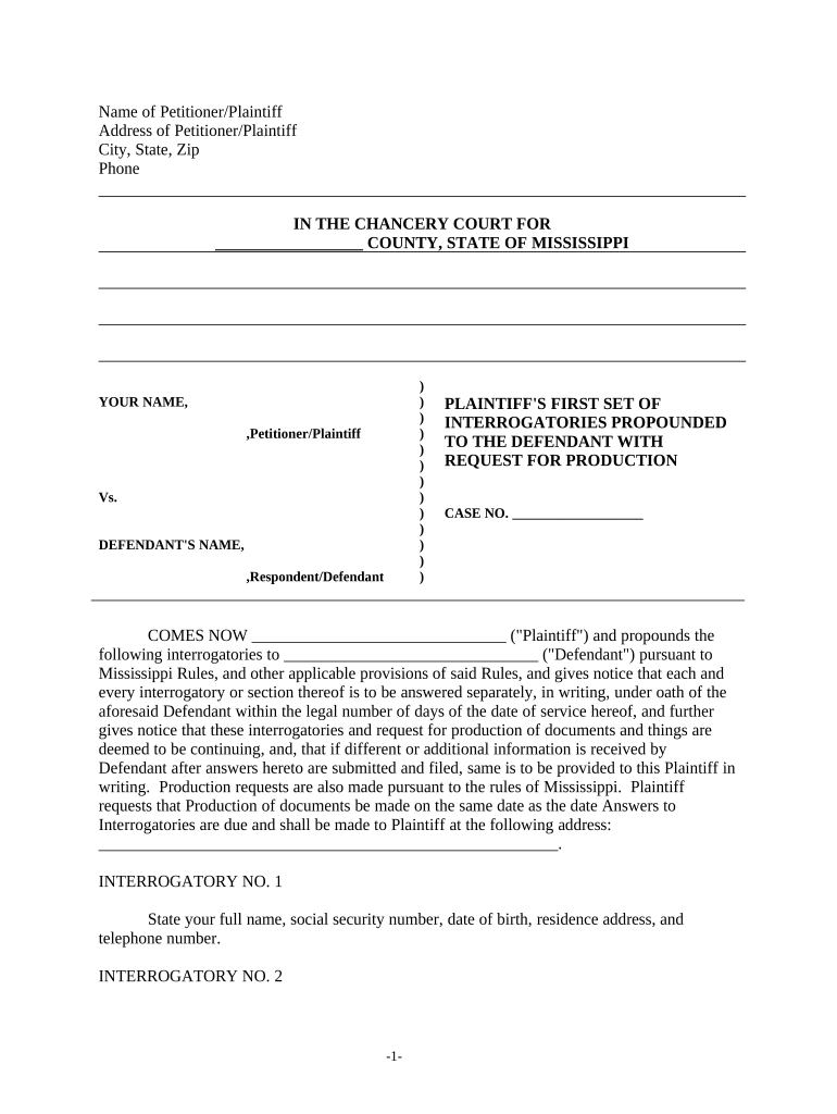 Discovery Interrogatories from Plaintiff to Defendant with Production Requests - Mississippi Preview on Page 1