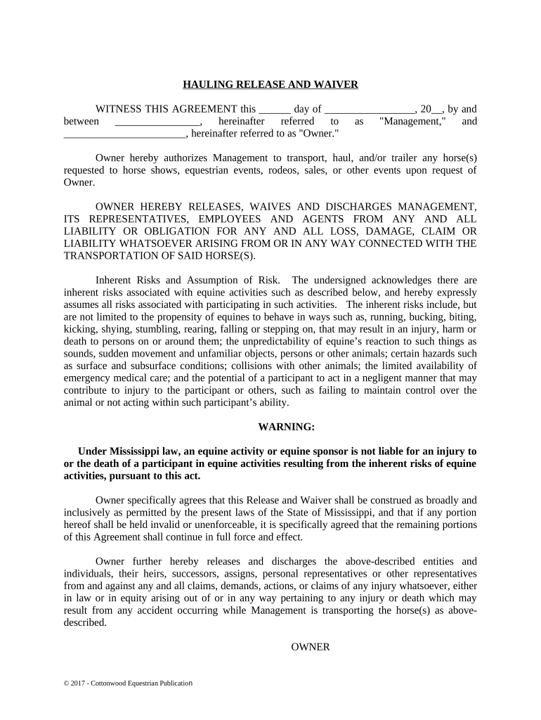 Hauling Release and Waiver Horse Equine Forms Mississippi Fill out
