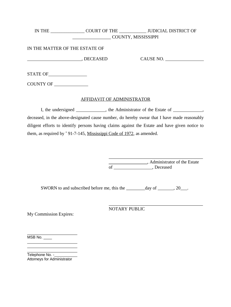 Affidavit of Administrator regarding Attempts to Find Creditors - Mississippi Preview on Page 1