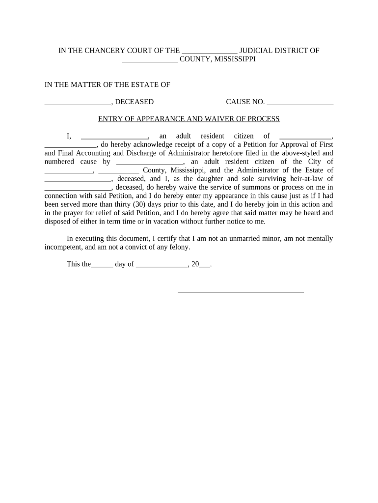 Entry Appearance Waiver Process Re Estate - Mississippi Preview on Page 1