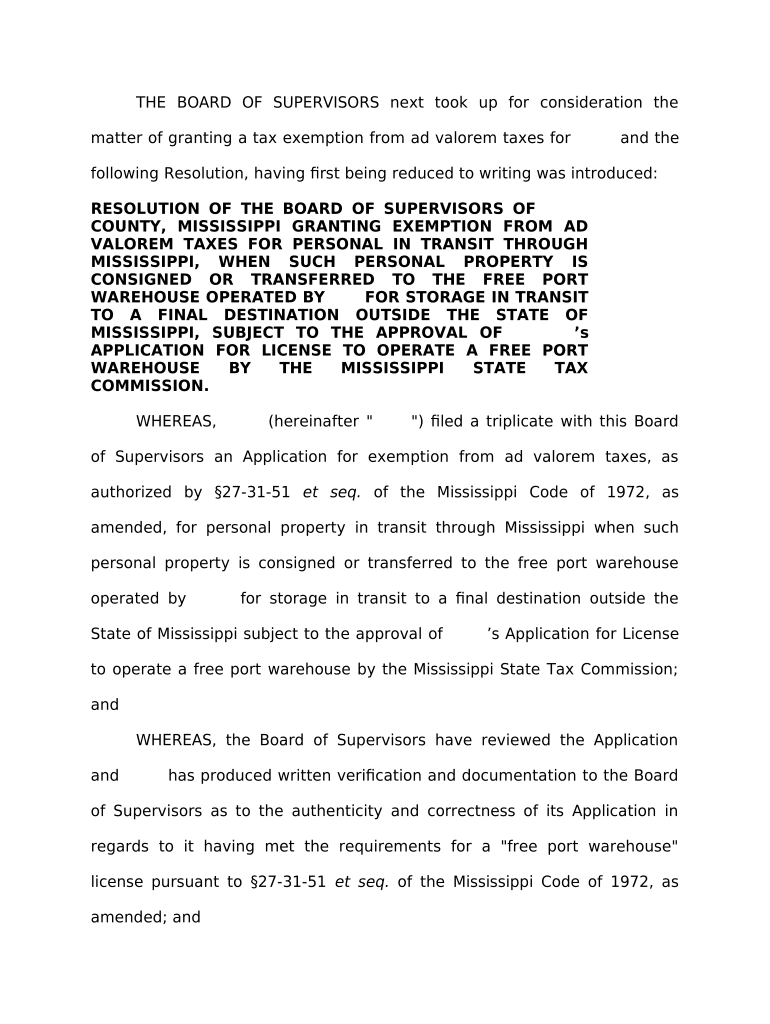 Resolution of the Board of Supervisors Granting Exemption from Ad Valorem Taxes - Mississippi Preview on Page 1