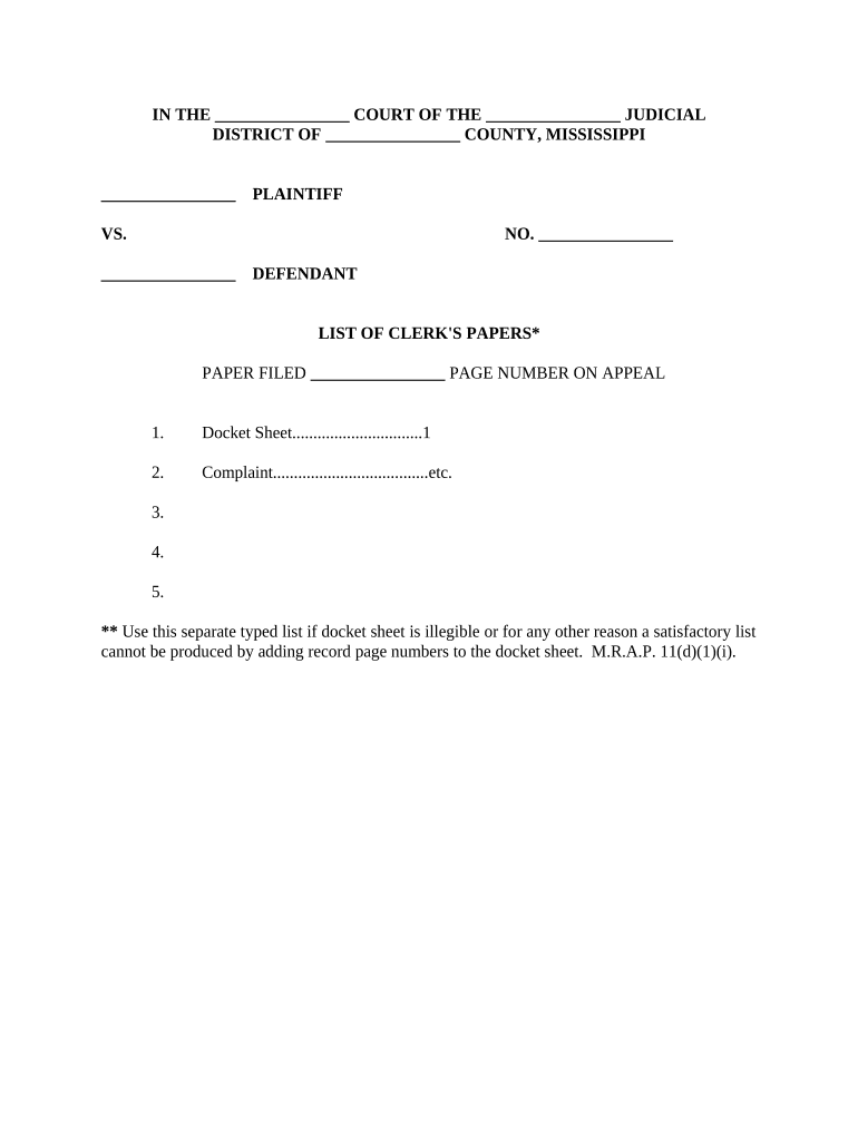 List of Clerk's Papers - Mississippi Preview on Page 1