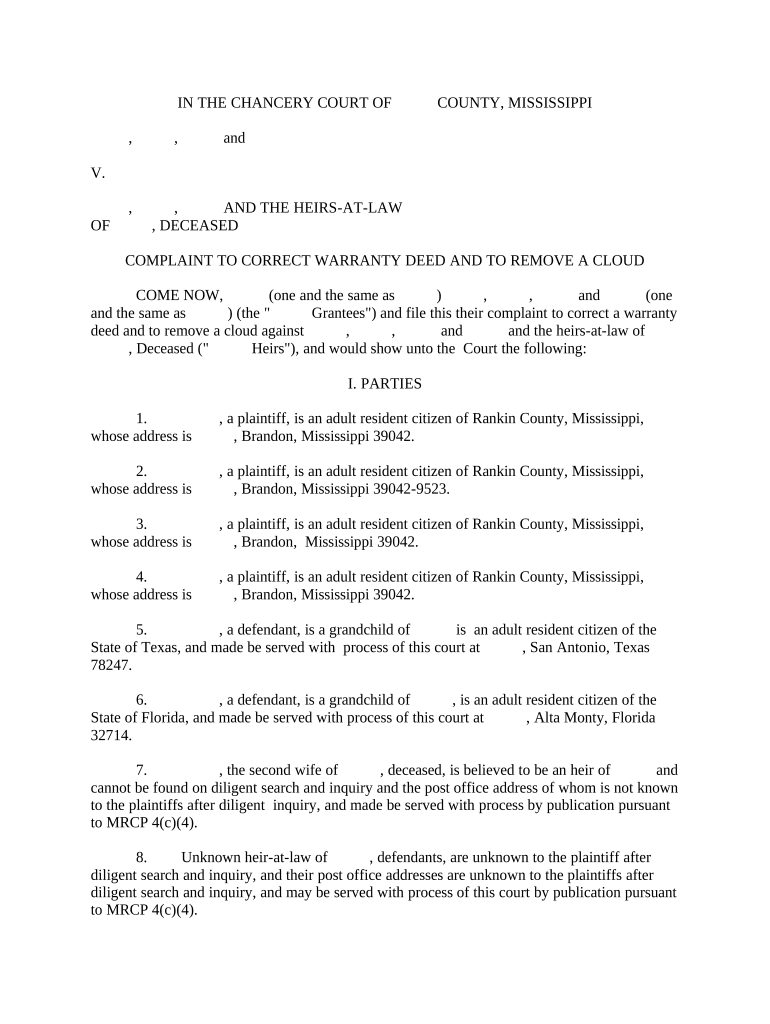 Complaint to Correct Warranty Deed and to Remove a Cloud - Mississippi Preview on Page 1