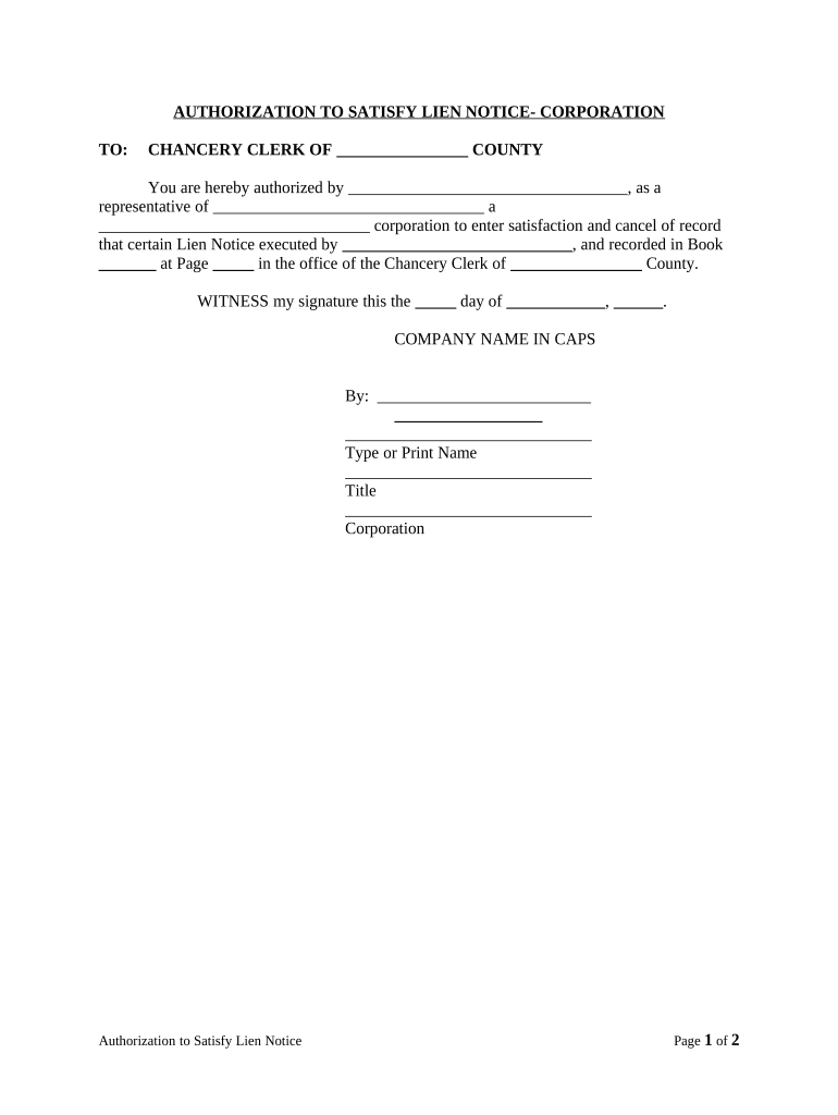 Authorization to Satisfy Lien Notice - Corporation or LLC - Mississippi Preview on Page 1